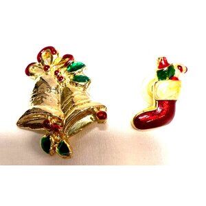 Vintage Gold-Tone Enamel Christmas Bell Brooch & Stocking Pin Set